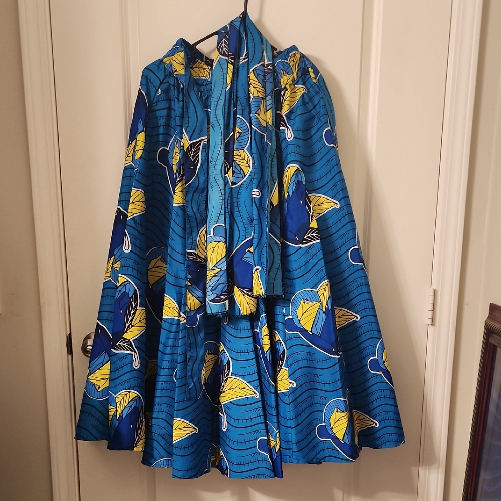 Vibrant Blue and Yellow Patterned Skirt With Headwrap